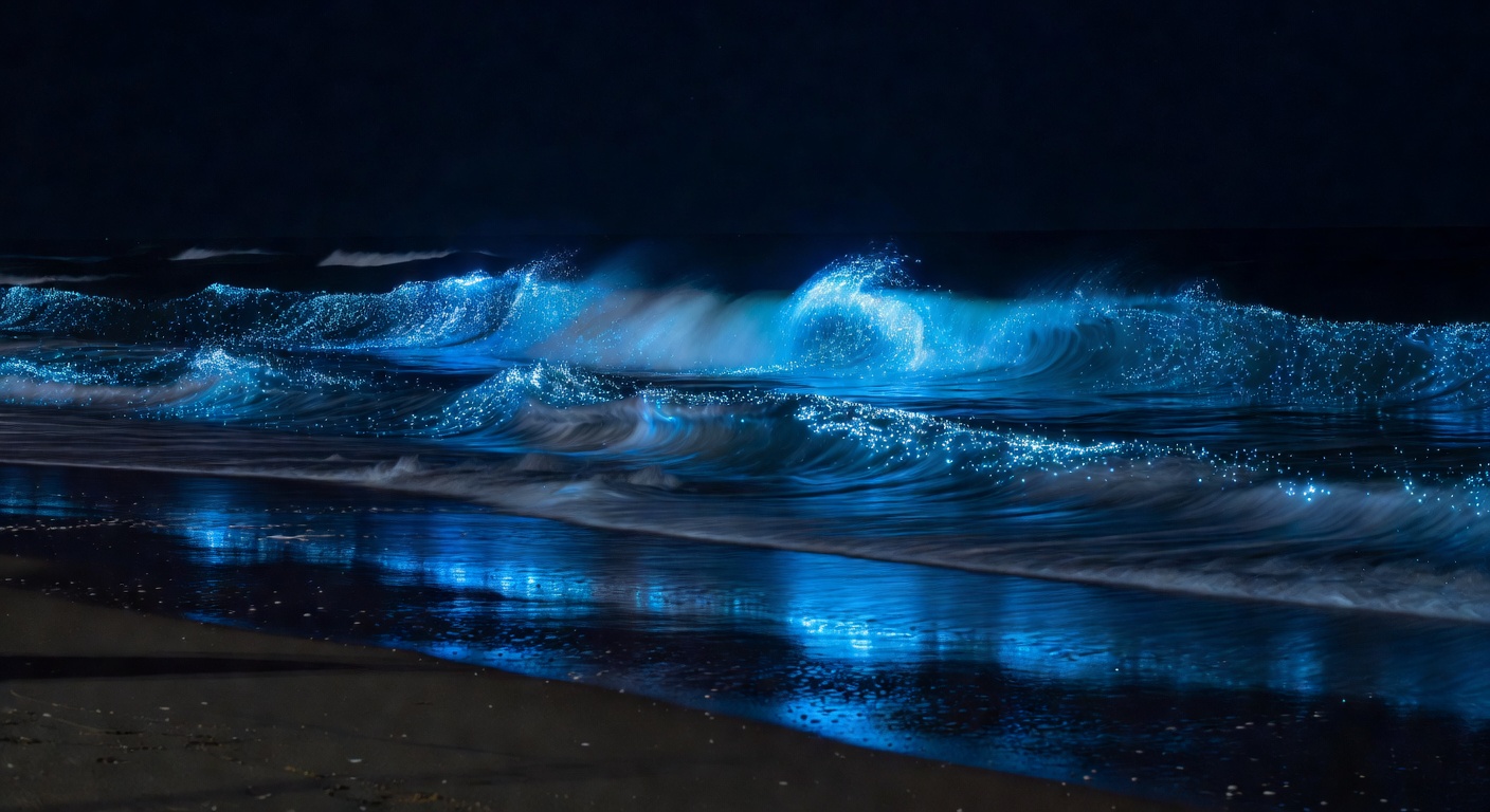 Bioluminescent ocean waves at night reflecting glowing blue light