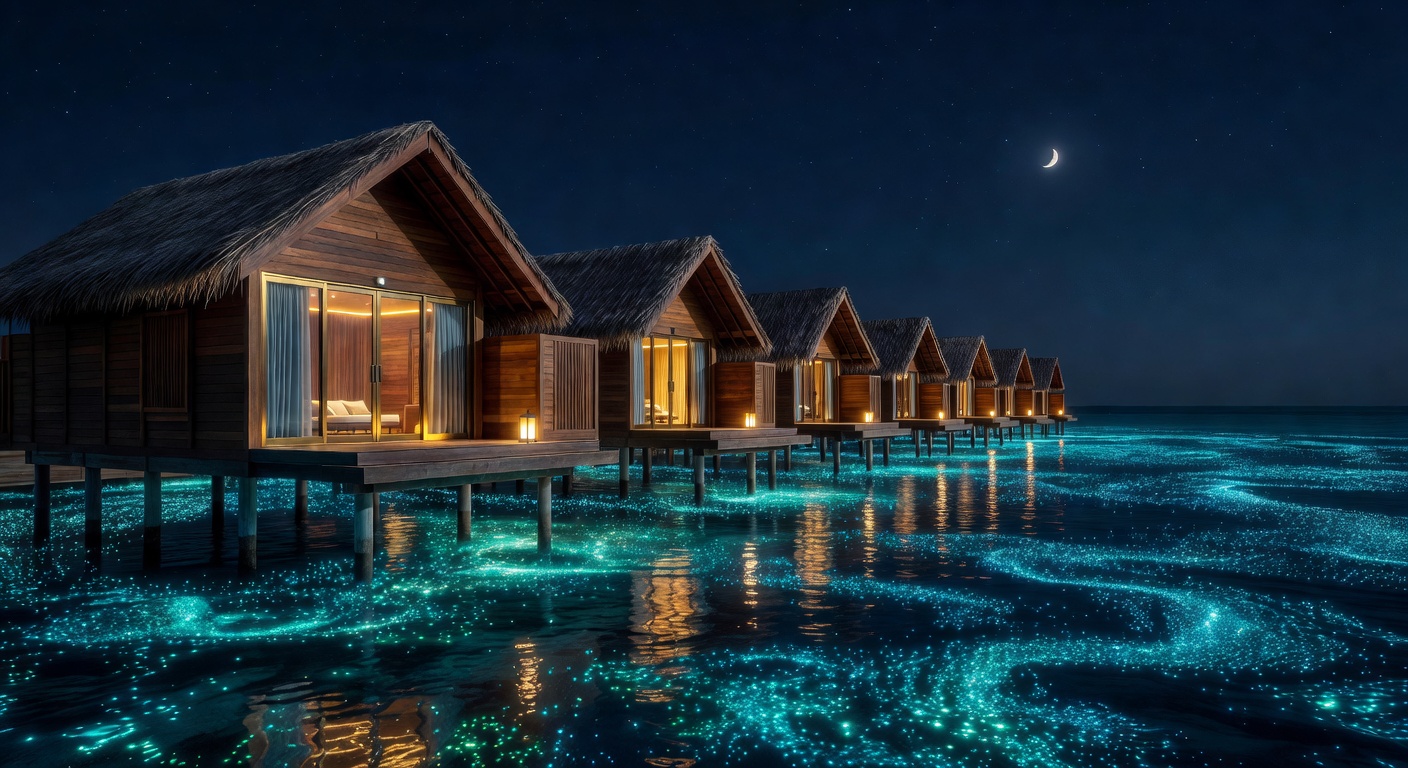 Luxury water villas at night over a glowing tropical ocean